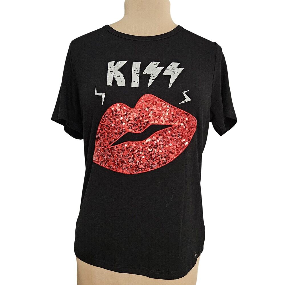 Red‎ Lips Bling Sequin Glitter Kiss Black T Shirt Cotton Casual Large Swiftie
